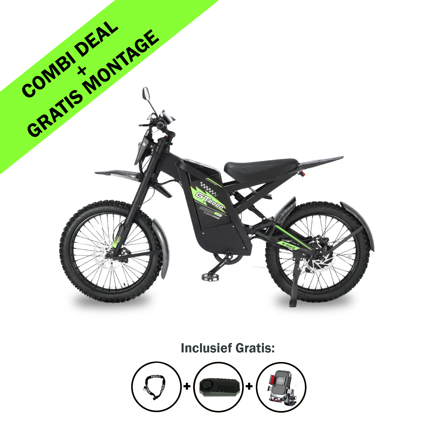 Een zwarte OUXI FATBIKE GT2000 CROSS – OFFROADFIETS (MODEL 2026) met groene accenten wordt in profiel getoond. Een groene banner kondigt een COMBI-AANBIEDING en GRATIS MONTAGE aan. Pictogrammen eronder wijzen op gratis meegeleverde accessoires: een slot, stuurhandvatten en een telefoonhouder voor op de fiets. Deze krachtige elektrische fatbike van OUXI is uitgerust met een robuuste motor van 2000 W, hydraulische remmen en een alarm voor een opwindende rit.