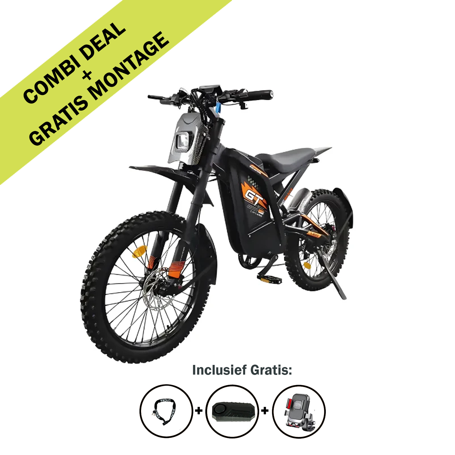 Ontdek de krachtige FATBIKE OUXI GT2000 CROSS – OFFROADFIETS (MODEL 2026) van OUXI, met robuuste banden en een opvallend zwart-oranje frame. Deze elektrische fatbike is uitgerust met een krachtige motor van 2000 W, hydraulische remmen en een geïntegreerd alarmsysteem. Een opvallende gele banner kondigt aan: “COMBI-AANBIEDING + GRATIS MONTAGE.” Daaronder geven pictogrammen aan dat een gratis helm, slot en tas bij uw aankoop zijn inbegrepen. De strakke witte achtergrond vestigt de aandacht op deze