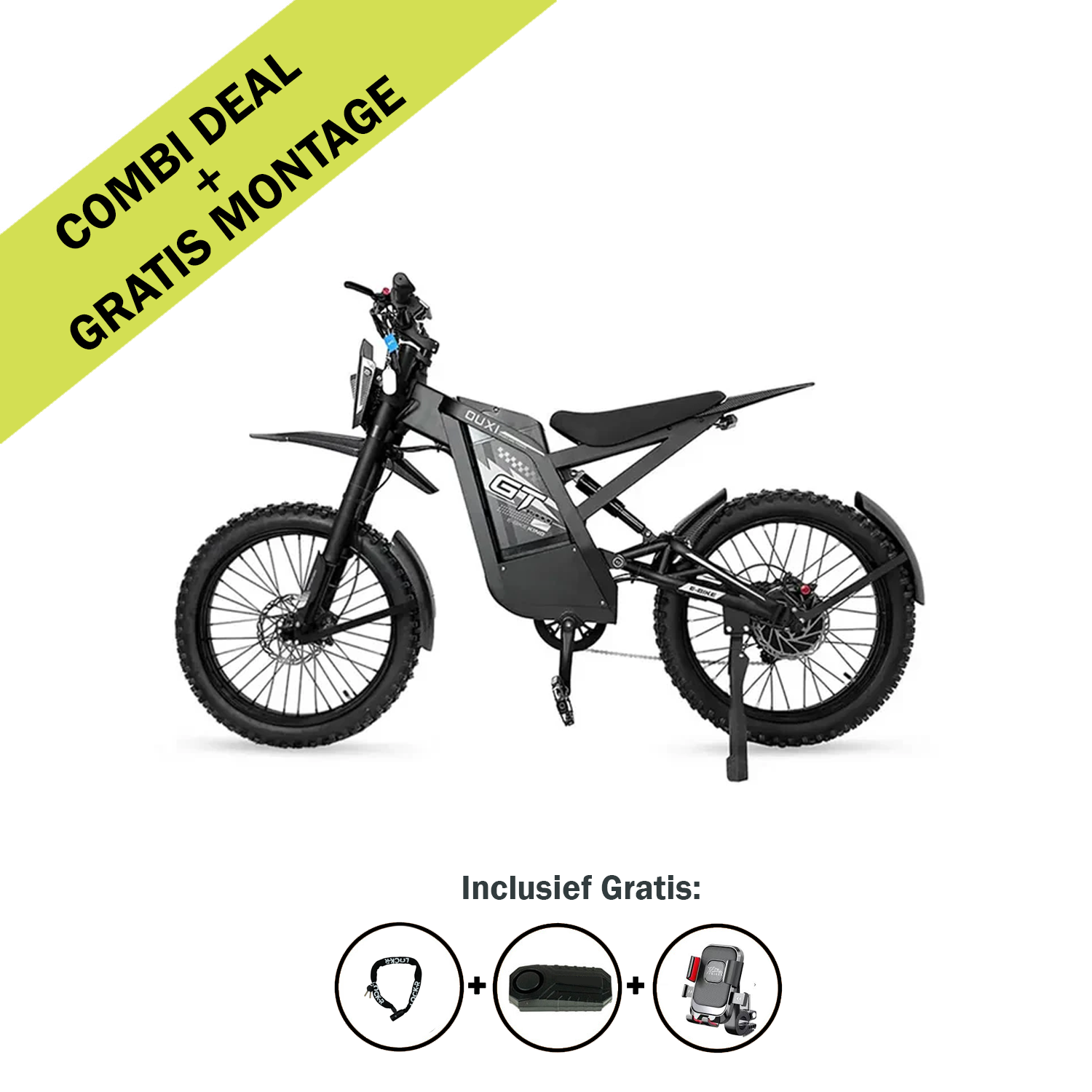 De zwarte OUXI FATBIKE GT2000 CROSS – OFFROADFIETS - MODEL 2026 met robuuste banden wordt afgebeeld op een witte achtergrond. Een diagonale gele banner vermeldt COMBI-AANBIEDING + GRATIS MONTAGE. Daaronder geven pictogrammen aan dat een gratis helm, slot en kinderzitje bij de fiets worden geleverd. Deze krachtige elektrische fatbike van OUXI is voorzien van hydraulische remmen, een geïntegreerd alarmsysteem en een robuuste motor van 2000 W voor een nog betere offroad-rijervaring.