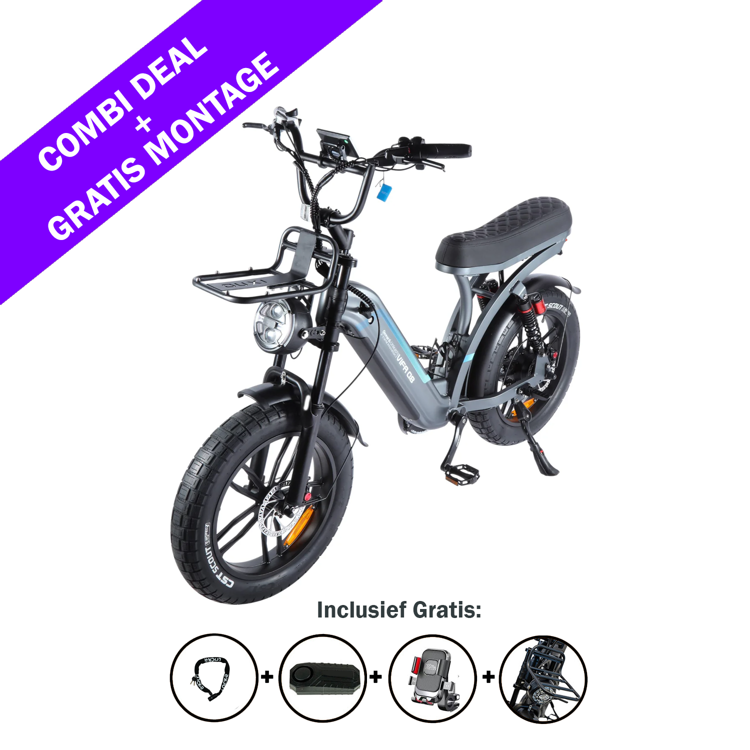 Op de afbeelding is een grijze FATBIKE OUXI Q8 – MODEL 2026 te zien, voorzien van hydraulische remmen en een alarm, uitgerust met een bagagedrager voorop en een koplamp. Op een paarse banner staat „COMBI-AANBIEDING GRATIS MONTAGE“. De pictogrammen eronder geven de meegeleverde accessoires weer: helm, tas, slot, kinderzitje en montage. Dit model van OUXI is voorzien van een krachtige motor van 250 W voor moeiteloos fietsen.
