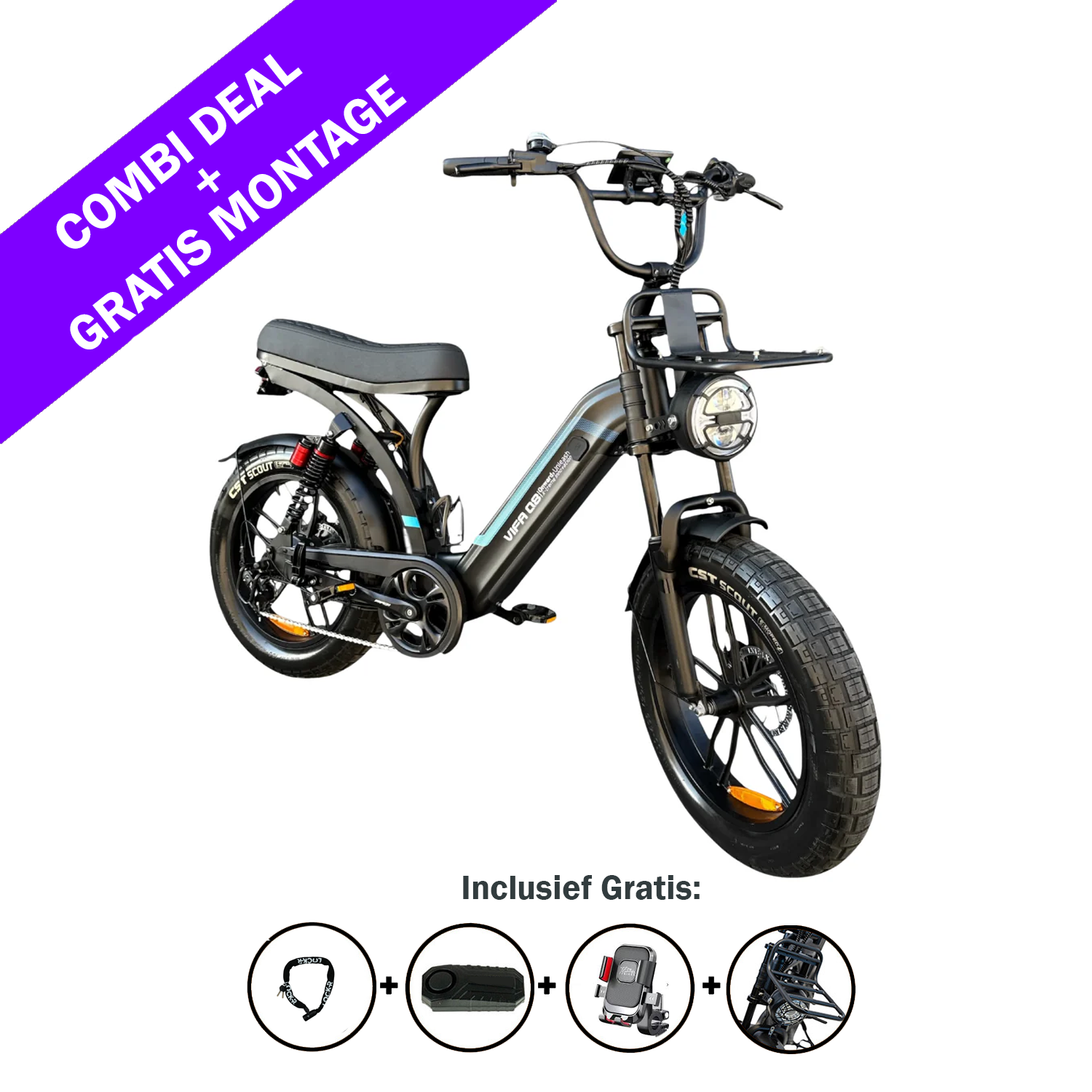 Elektrische fatbike met dikke banden, afgebeeld op een witte achtergrond. Op een paarse banner staat „COMBI-AANBIEDING GRATIS MONTAGE”. Daaronder staan pictogrammen die de meegeleverde accessoires aangeven: helm, slot, achtertas en telefoonhouder. De OUXI FATBIKE Q8 – MODEL 2026 van OUXI is voorzien van hydraulische remmen en een alarmsysteem, en is uitgerust met een krachtige motor van 250 W voor een nog betere rijervaring.