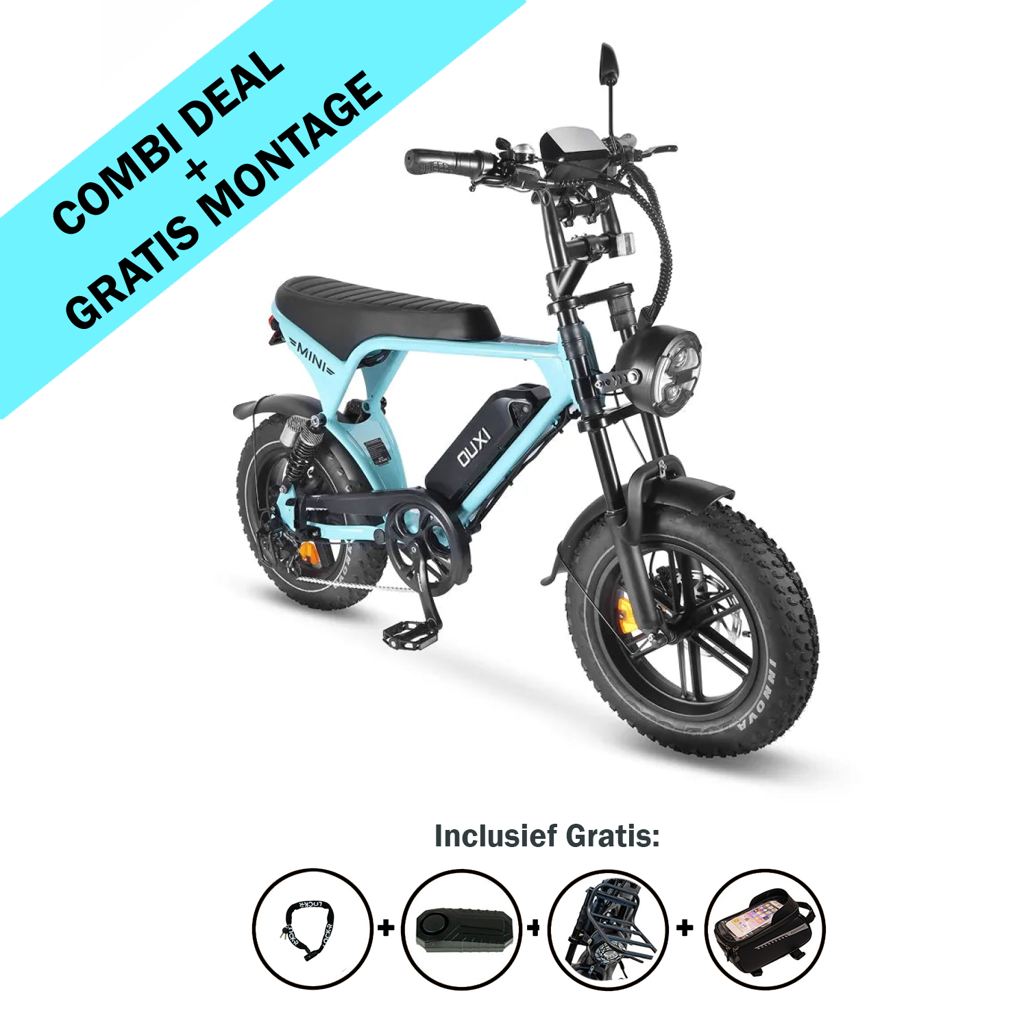 Lichtblauwe OUXI FATBIKE V8 ULTRA MINI – MODEL 2026 met zwarte accenten, afgebeeld tegen een witte achtergrond. De tekst luidt: COMBI-AANBIEDING + GRATIS MONTAGE. De pictogrammen eronder geven de gratis meegeleverde accessoires aan: helm, slot, rugzak en accu – alles wat je nodig hebt om in stijl op pad te gaan met deze 250 W elektrische fatbike, voorzien van een alarmsysteem en hydraulische remmen van OUXI.