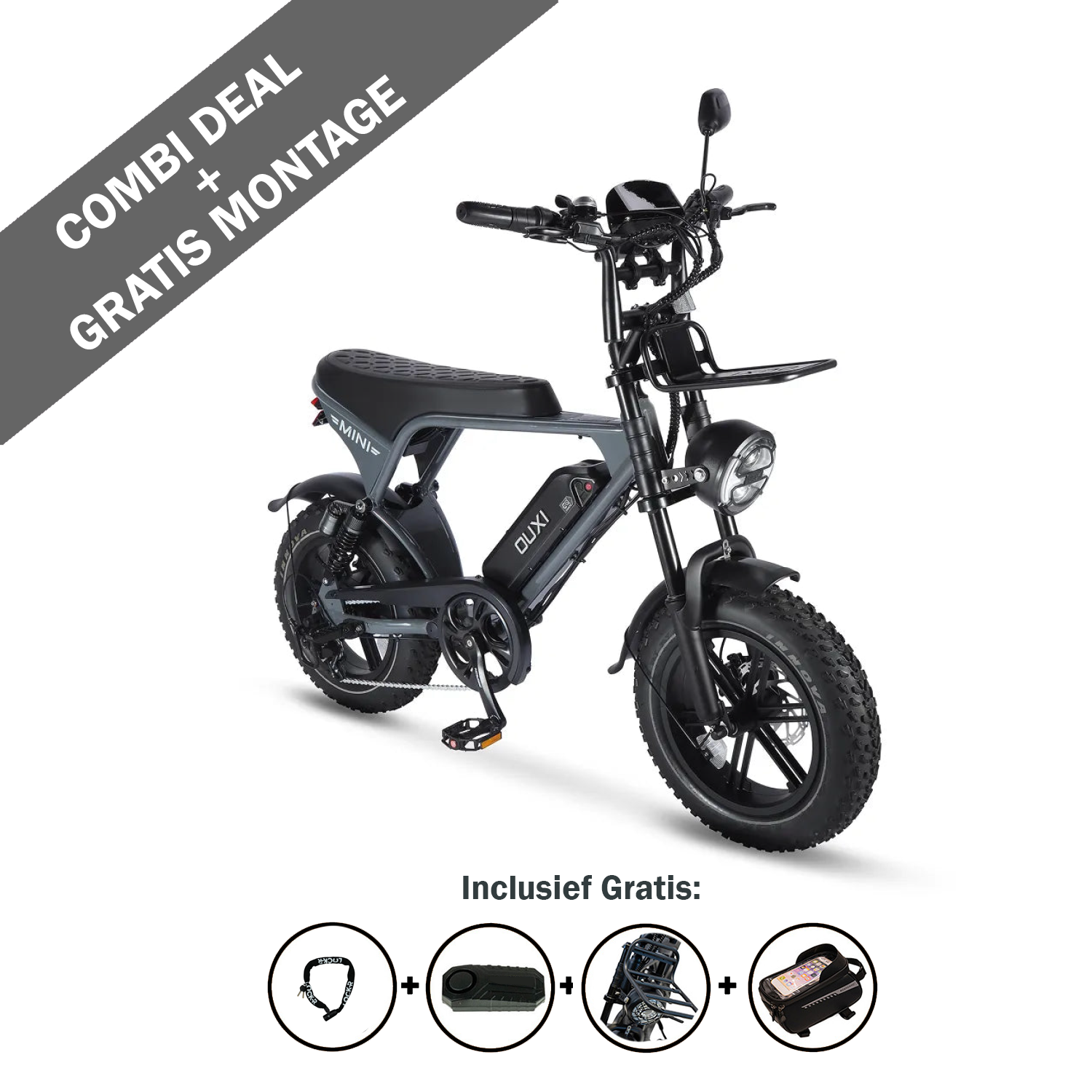 De zwarte OUXI FATBIKE V8 ULTRA MINI – MODEL 2026 is voorzien van dikke banden, een comfortabel zadel en een stevig stuur. Op de banner staat „COMBI DEAL GRATIS MONTAGE”, terwijl de pictogrammen eronder de gratis meegeleverde accessoires aangeven: helm, slot, tas en fietsadapter. Deze elektrische fatbike van 250 W heeft een compact ontwerp met krachtige prestaties voor je stedelijke avonturen en is uitgerust met een alarmsysteem en hydraulische remmen voor extra veiligheid.