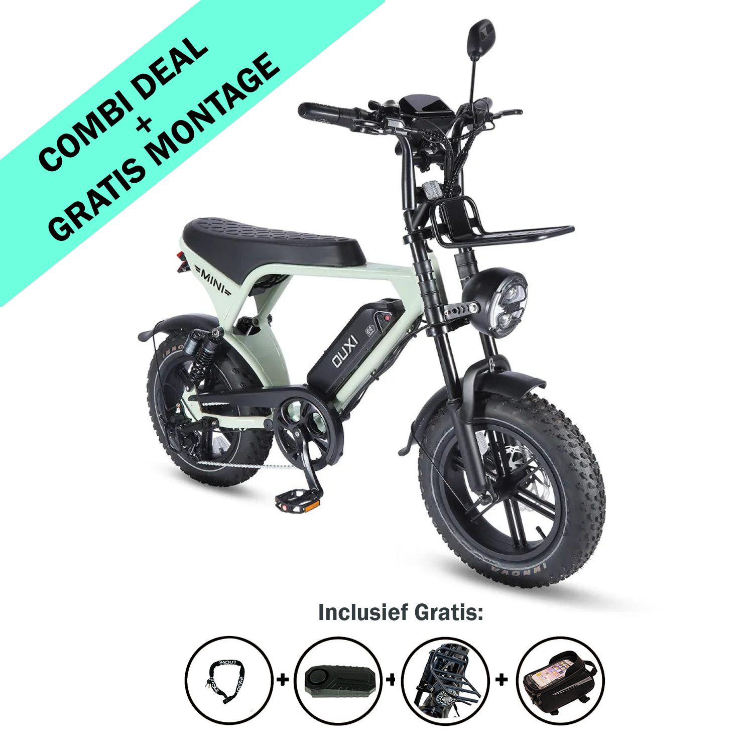 Saliegroene FATBIKE V8 ULTRA MINI - OUXI – MODEL 2026 met dikke banden, zwarte accenten en voorzien van een ingebouwd alarm en hydraulische remmen. De tekst luidt: COMBI-AANBIEDING GRATIS MONTAGE. Daaronder tonen afbeeldingen de meegeleverde accessoires – helm, slot, tas en gereedschapsset – met daarboven de tekst “Inclusief Gratis:”. Deze elektrische fatbike van OUXI combineert stijl en functionaliteit voor al je fietsavonturen.