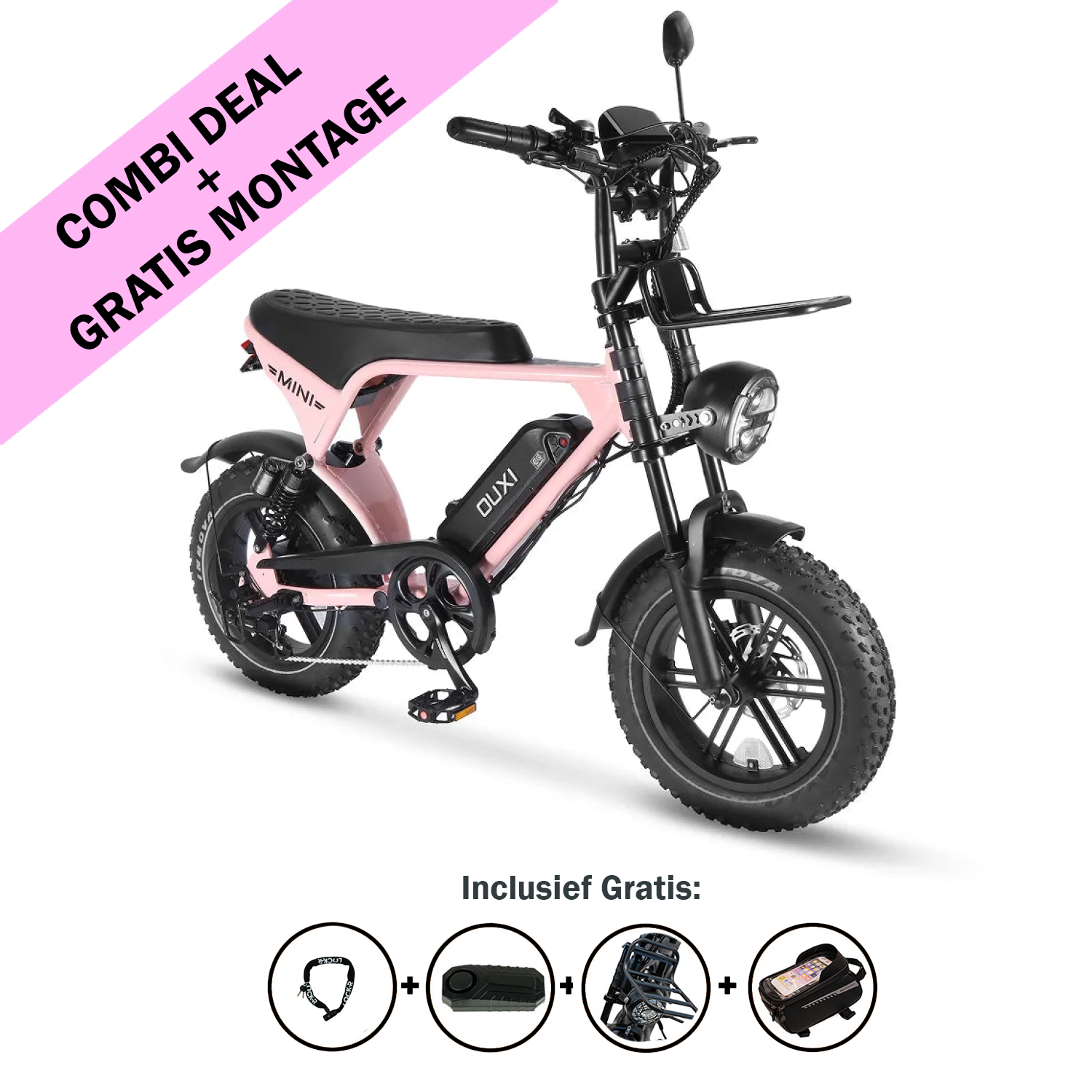 Er wordt een roze OUXI FATBIKE V8 ULTRA MINI – MODEL 2026 met zwarte accenten getoond, vergezeld van pictogrammen die aangeven welke gratis accessoires bij de fiets worden geleverd: helm, slot en rugzak. Deze elektrische fatbike van OUXI is voorzien van een krachtige motor van 250 W voor soepele ritten, evenals een alarmsysteem en hydraulische remmen. Een roze banner vestigt de aandacht op de aanbieding COMBI-DEAL + GRATIS MONTAGE.