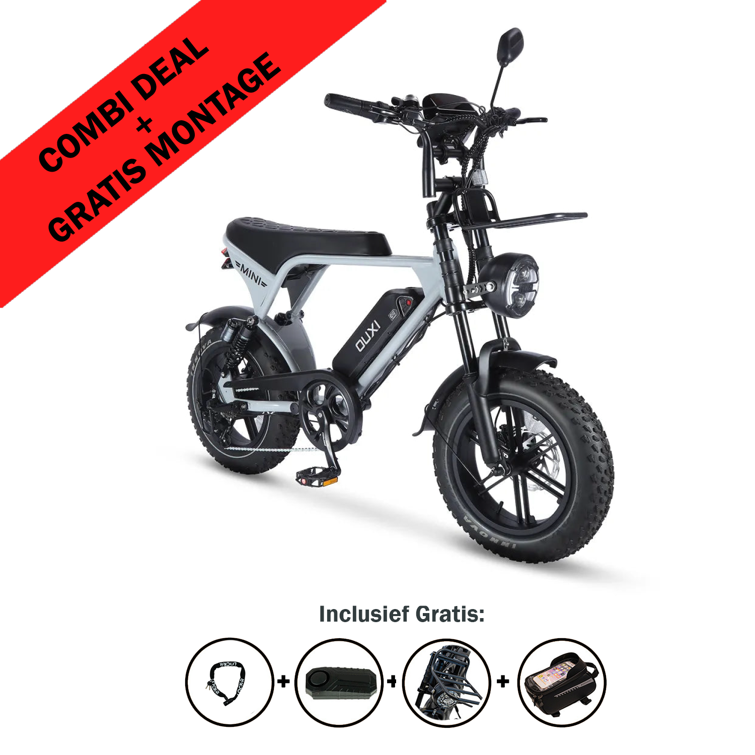 De FATBIKE V8 ULTRA MINI - OUXI – MODEL 2026 wordt afgebeeld op een witte achtergrond met dikke banden. Op een rode banner staat „COMBI-AANBIEDING + GRATIS MONTAGE”. Pictogrammen eronder geven de meegeleverde accessoires weer: helm, fietsslot, telefoonhouder en accudeksel. Deze OUXI-fatbike is uitgerust met een motor van 250 W, een alarm en hydraulische remmen, waardoor het de ideale elektrische fatbike is voor elk avontuur.