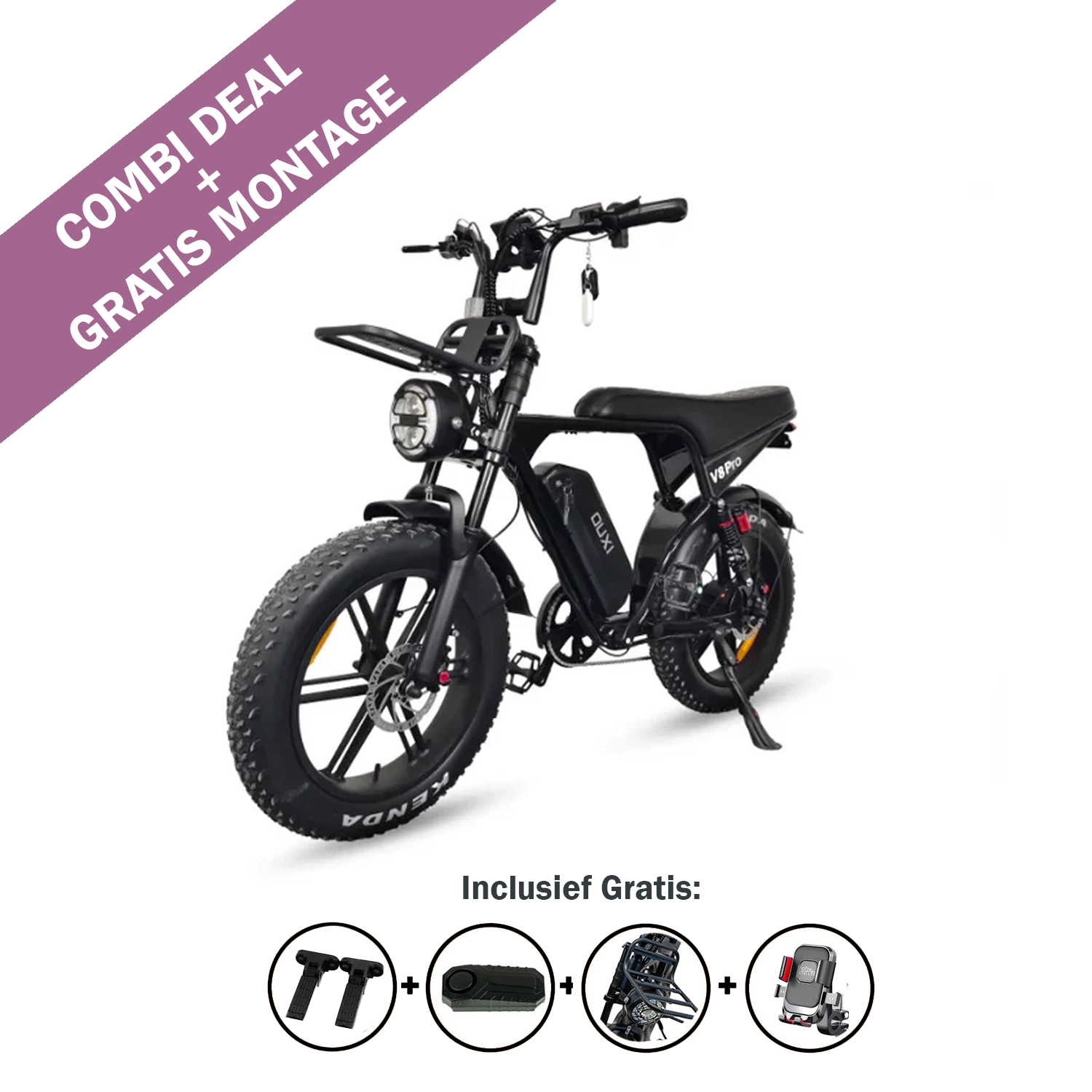 Een zwarte OUXI FATBIKE V8 PRO (C80 PRO) – MODEL 2026 met dikke banden staat schuin tentoongesteld. Op een paarse banner staat „COMBI-AANBIEDING GRATIS MONTAGE“. Daaronder geven pictogrammen de meegeleverde gratis accessoires aan: handvatten, zadel, rugzak en slot. Deze OUXI fatbike-e-bike is voorzien van hydraulische remmen en een alarmsysteem, waardoor stijl en functionaliteit voor elke rit worden gecombineerd.