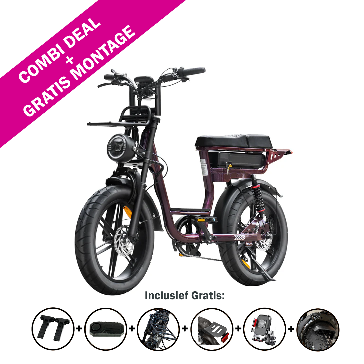 De QMWHEEL FATBIKE C28 PRO – DAMESMODEL 2026 is een elektrische fatbike met dikke banden en een koplamp, afgebeeld op een witte achtergrond. Het frame met lage instap zorgt ervoor dat je gemakkelijk op de fiets kunt stappen. Op een roze banner staat „COMBI-AANBIEDING GRATIS MONTAGE“. Pictogrammen eronder geven de meegeleverde accessoires weer: alarm, hydraulische remmen, sloten, manden en gereedschap.