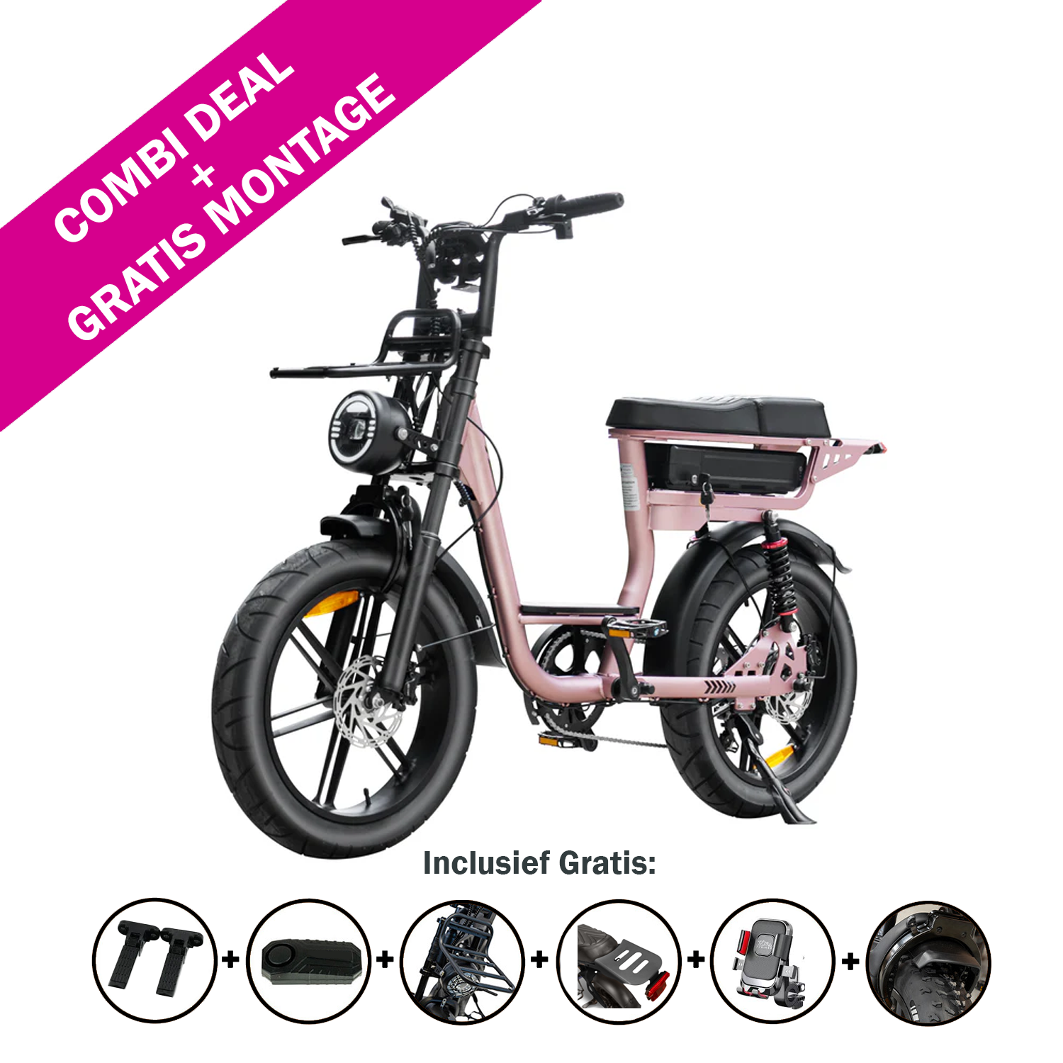 Hier wordt de QMWHEEL FATBIKE C28 PRO – DAMESMODEL 2026 in roze getoond, met een stevig frame met lage instap en brede banden. Op een magenta banner staat „COMBI-AANBIEDING GRATIS MONTAGE“. Pictogrammen geven de meegeleverde accessoires aan: slot, verlichting, pomp, telefoonhouder en achteruitkijkspiegel. Deze stijlvolle elektrische fatbike is uitgerust met een krachtige motor van 250 W voor moeiteloos fietsen, een alarmsysteem en hydraulische remmen.