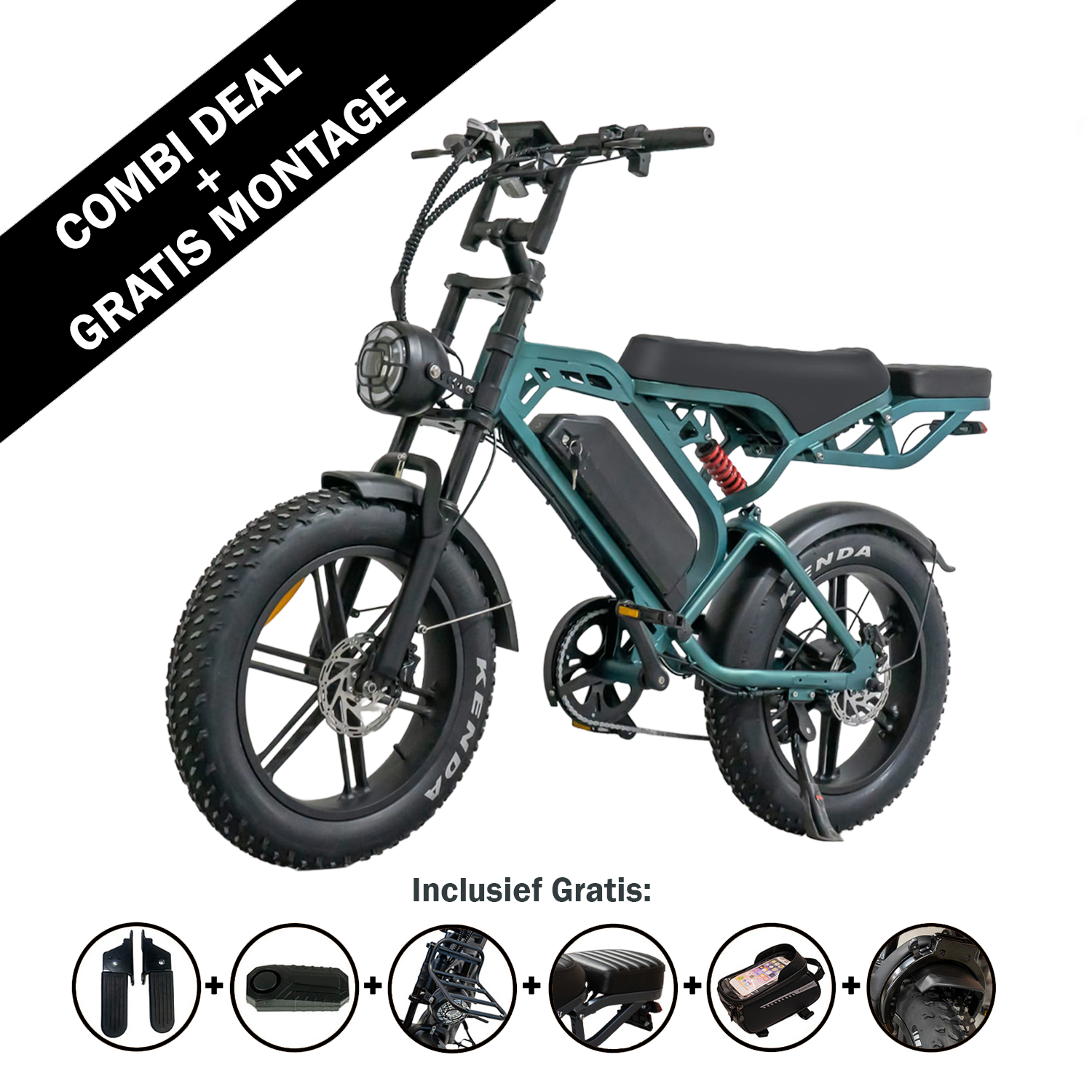 Groene elektrische fiets met dikke banden, voor- en achtervering en koplamp, afgebeeld op een witte achtergrond. Op de zwarte banner staat: COMBI-AANBIEDING GRATIS MONTAGE. De pictogrammen eronder geven de meegeleverde accessoires weer: slot, pomp, spiegel, tas en helm.