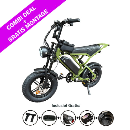 QMWHEEL FATBIKE V20 MINI – MODEL 2026 in het groen met dikke banden. Op de paarse banner staat: COMBI-AANBIEDING GRATIS MONTAGE. Daaronder geven pictogrammen de meegeleverde gratis accessoires weer: stuur, handvatten, pedalen en een close-up van het 250 W fatbike-wiel.