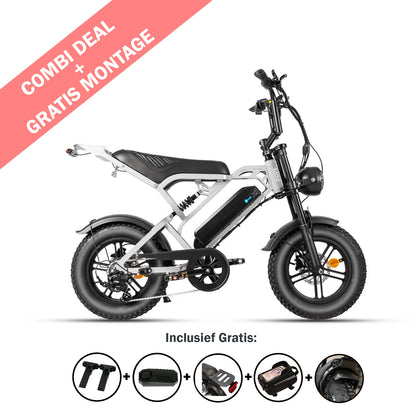 Witte QMWHEEL FATBIKE V20 MINI – MODEL 2026 met zwarte wielen, afgebeeld in profiel en voorzien van het label COMBI DEAL GRATIS MONTAGE. Onder de fiets liggen vier meegeleverde accessoires: een pomp, handvatten, slot en telefoonhouder, allemaal voorzien van het label ‘Inclusief Gratis’. Deze fatbike van QMWHEEL is uitgerust met een krachtige 250W-motor en 16 inch wielen voor extra stabiliteit en comfort tijdens elke rit. Voorzien van hydraulische remmen en een alarmsysteem voor optimale veiligheid.
