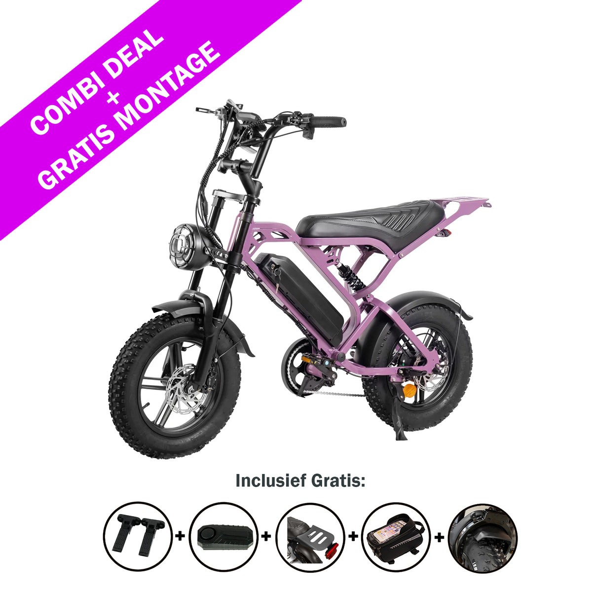 De QMWHEEL FATBIKE V20 MINI – MODEL 2026 met alarm en hydraulische remmen wordt schuin afgebeeld in een opvallende paarse kleur. Op een banner staat „COMBI-AANBIEDING GRATIS MONTAGE”. Onder de fiets worden vier gratis accessoires getoond: een stuur, handvatten, pedalen en een fietsslot.