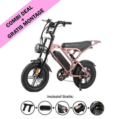 Roze QMWHEEL FATBIKE V20 MINI - MODEL 2026, elektrische fatbike op een witte achtergrond, gezien vanaf de zijkant. Op de banner staat: COMBI-AANBIEDING + GRATIS MONTAGE. Daaronder geven pictogrammen de gratis meegeleverde accessoires weer: slot, handvatten, pedalen, verlichting en een bandenpomp. Deze 16 inch fatbike van QMWHEEL is uitgerust met een krachtige 250W-motor voor extra rijplezier en beschikt over hydraulische remmen en een alarmfunctie.