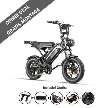 Zwarte FATBIKE V20 MINI - QMWHEEL (model 2026) met dikke 16-inch banden en hydraulische remmen, afgebeeld op een witte achtergrond. Op de banner staat: “COMBI-AANBIEDING GRATIS MONTAGE.” Daaronder staan pictogrammen die de meegeleverde gratis accessoires aangeven: gereedschap, handvatten, pedalen en een fietsslot.