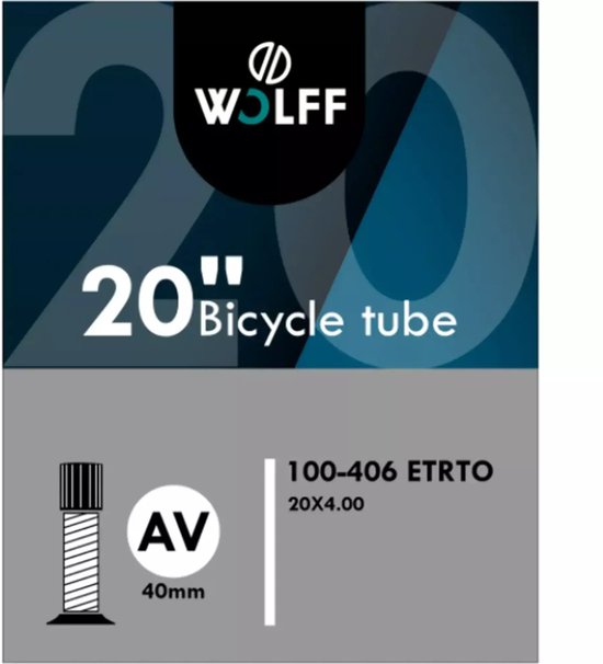 QMWHEEL en OUXI FATBIKE BINNENBAND 20x4 verpakking, voorzien van het etiket 100-406 ETRTO (20x4,00), AV-ventiel van 40 mm, voorzien van een ventielafbeelding en een opvallende „20“ op de achtergrond – een ideale en betrouwbare fatbike-binnenband voor je elektrische fatbike.